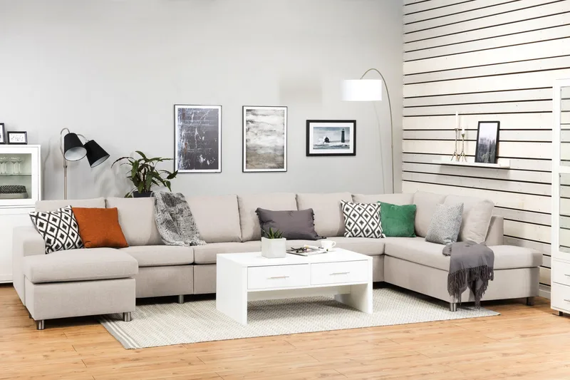Crazy 6-istuttava Oikeakätinen U-muotoinen XX-Large Sohva Divaanilla ja Divaanituolilla Kankaalla - Beige - Huonekalut - Sohva - Divaanisohva