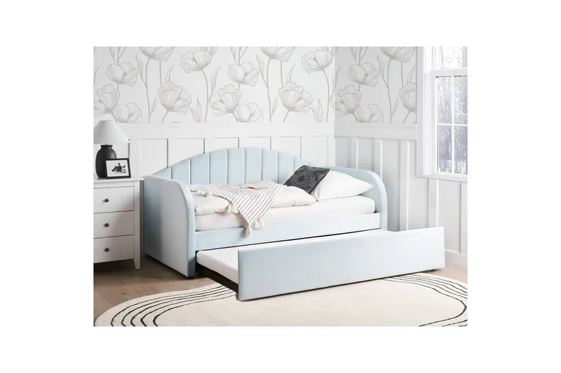 Dagbädd Beliani Eyburie med lamellram Beige, Bouclé blue - Huonekalut - Sänky - Vierassänky & varavuode - Ulosvedettävä sänky