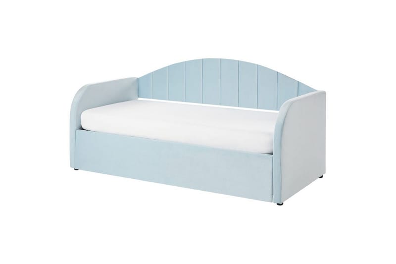 Dagbädd Beliani Eyburie med lamellram Beige, Bouclé blue - Huonekalut - Sänky - Vierassänky & varavuode - Ulosvedettävä sänky