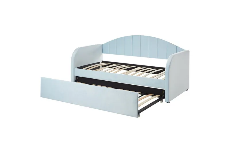 Dagbädd Beliani Eyburie med lamellram Beige, Bouclé blue - Huonekalut - Sänky - Vierassänky & varavuode - Ulosvedettävä sänky