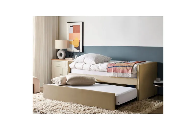 Dagbädd Beliani Troyes med lamellram Beige Beige - Huonekalut - Sänky - Vierassänky & varavuode - Ulosvedettävä sänky
