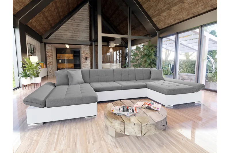 Dewitt Vuodesohva Tuplachaiselong 4-istuttava Keinonahka - Valkoinen / Harmaa - Huonekalut - Sohva - Vuodesohva