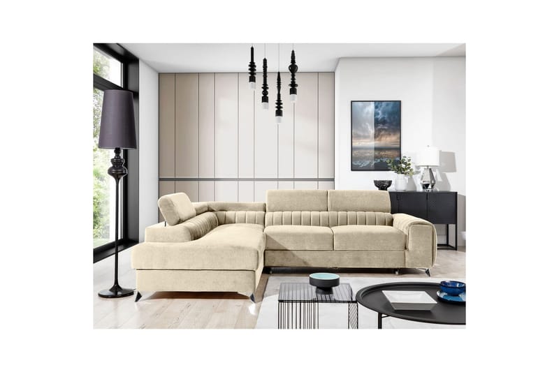 Divaani Eltap Laurence 278x205x92 cm - Monoliitti 04, Vaalea beige, Vasen - Huonekalut - Sohva - Vuodesohva