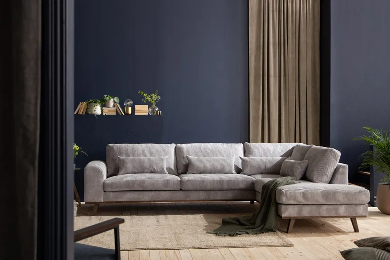 Copenhagen 4-istuttava Oikeakätinen L-muotoinen Divaanisohva Manchester-kankaalla - Vaaleanharmaa - Huonekalut - Sohva - Divaanisohva - 4 istuttava sohva divaanilla