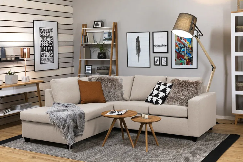 Crazy 3-istuttava Vasenkätinen L-muotoinen Divaanisohva Kankaalla - Beige - Huonekalut - Sohva - Divaanisohva - 2 istuttava sohva divaanilla