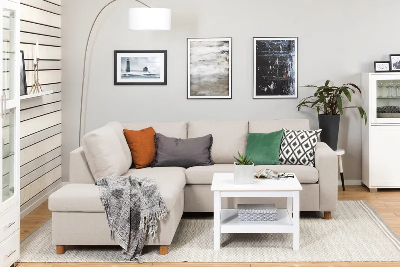 Crazy 3-istuttava Vasenkätinen L-muotoinen Divaanisohva Kankaalla - Beige - Huonekalut - Sohva - Divaanisohva - 2 istuttava sohva divaanilla