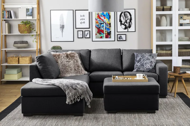 Crazy 3-istuttava Vasenkätinen L-muotoinen Divaanisohva Kankaalla - Tummanharmaa - Huonekalut - Sohva - Divaanisohva - 2 istuttava sohva divaanilla