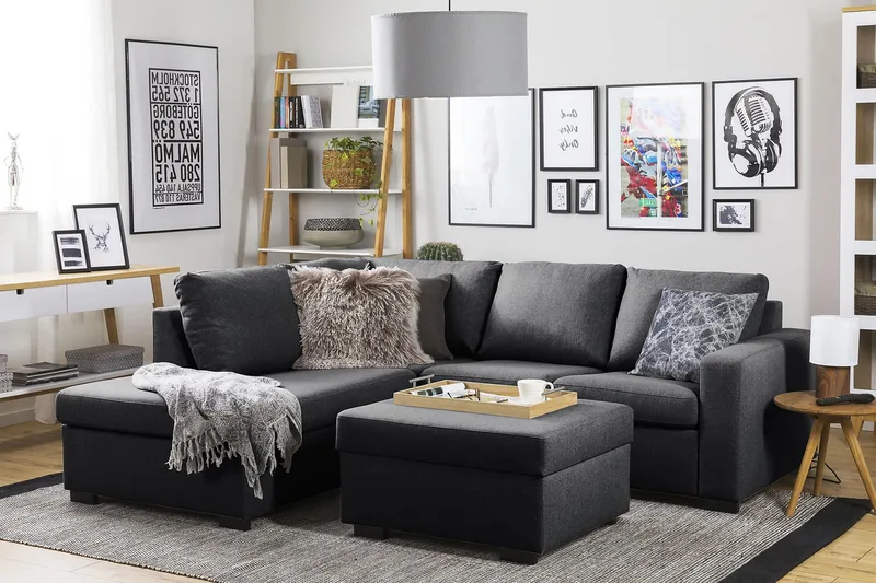 Crazy 3-istuttava Vasenkätinen L-muotoinen Divaanisohva Kankaalla - Tummanharmaa - Huonekalut - Sohva - Divaanisohva - 2 istuttava sohva divaanilla