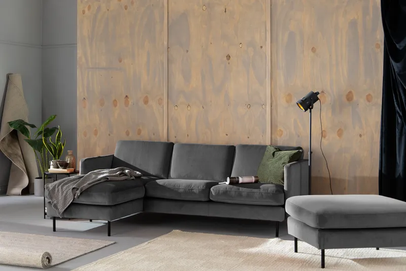 Samettisohva Elion 2:n ist divaanilla Vasen - Vaaleanharmaa - Huonekalut - Sohva - Divaanisohva - 2 istuttava sohva divaanilla