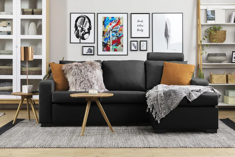 Crazy 3-istuttava Käännettävä L-muotoinen Divaanisohva Kankaalla - Antrasiitti - Huonekalut - Sohva - Divaanisohva - 3 istuttava sohva divaanilla