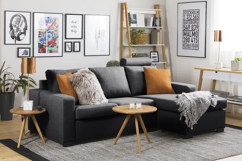 Crazy 3-istuttava Käännettävä L-muotoinen Divaanisohva Kankaalla - Tummanharmaa - Huonekalut - Sohva - Divaanisohva - 3 istuttava sohva divaanilla