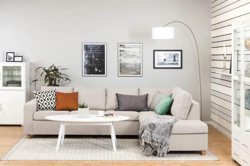 Crazy 4-istuttava Oikeakätinen L-muotoinen Divaanisohva Kankaalla - Beige - Huonekalut - Sohva - Divaanisohva - 3 istuttava sohva divaanilla