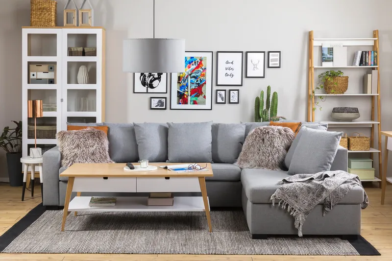 Crazy 4-istuttava Oikeakätinen L-muotoinen Schäslongsohva Kankaalla sis. Kuorityynyt - Harmaa - Huonekalut - Sohva - Divaanisohva - 4 istuttava sohva divaanilla