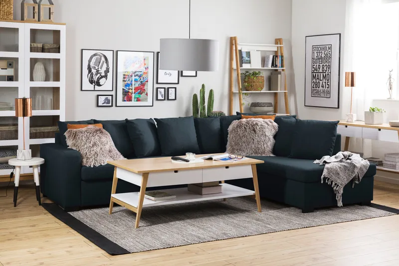 Crazy 4-istuttava Oikeakätinen L-muotoinen Schäslongsohva Kankaalla sis. Kuorityynyt - Sininen - Huonekalut - Sohva - Divaanisohva - 4 istuttava sohva divaanilla