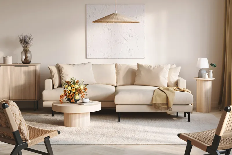 Menard 4-istuttava Oikeakätinen L-muotoinen Divaanisohva Manchesterista - Beige - Huonekalut - Sohva - Divaanisohva - 4 istuttava sohva divaanilla