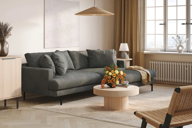 Menard 4-istuttava Oikeakätinen L-muotoinen Divaanisohva Manchesterista - Harmaa - Huonekalut - Sohva - Divaanisohva - 4 istuttava sohva divaanilla