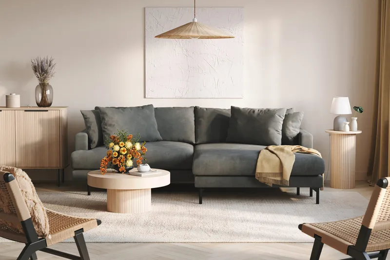 Menard 4-istuttava Oikeakätinen L-muotoinen Divaanisohva Manchesterista - Harmaa - Huonekalut - Sohva - Divaanisohva - 4 istuttava sohva divaanilla