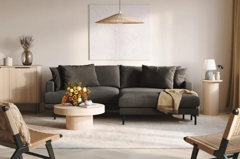 Menard 4-istuttava Oikeakätinen L-muotoinen Divaanisohva Manchesterista - Tummanharmaa - Huonekalut - Sohva - Divaanisohva - 4 istuttava sohva divaanilla