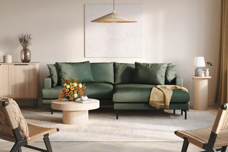 Menard 4-istuttava Oikeakätinen L-muotoinen Divaanisohva Manchesterista - Vihreä - Huonekalut - Sohva - Divaanisohva - 4 istuttava sohva divaanilla