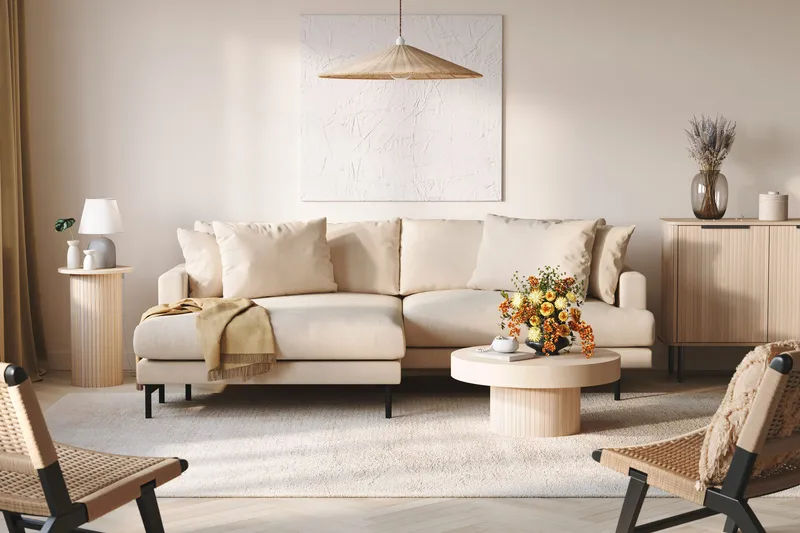 Menard 4-istuttava Vasenkätinen L-muotoinen Divaanisohva Manchesterista - Beige - Huonekalut - Sohva - Divaanisohva - 4 istuttava sohva divaanilla