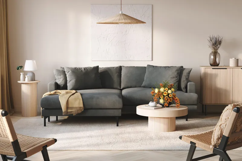 Menard 4-istuttava Vasenkätinen L-muotoinen Divaanisohva Manchesterista - Harmaa - Huonekalut - Sohva - Divaanisohva - 4 istuttava sohva divaanilla