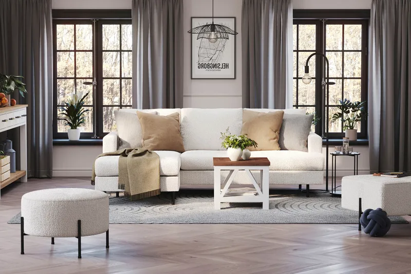 Menard Compact 3-istuttava Vasenkätinen L-muotoinen Divaanisohva Bouclé-kankaasta - Valkoinen - Huonekalut - Sohva - Divaanisohva - 3 istuttava sohva divaanilla