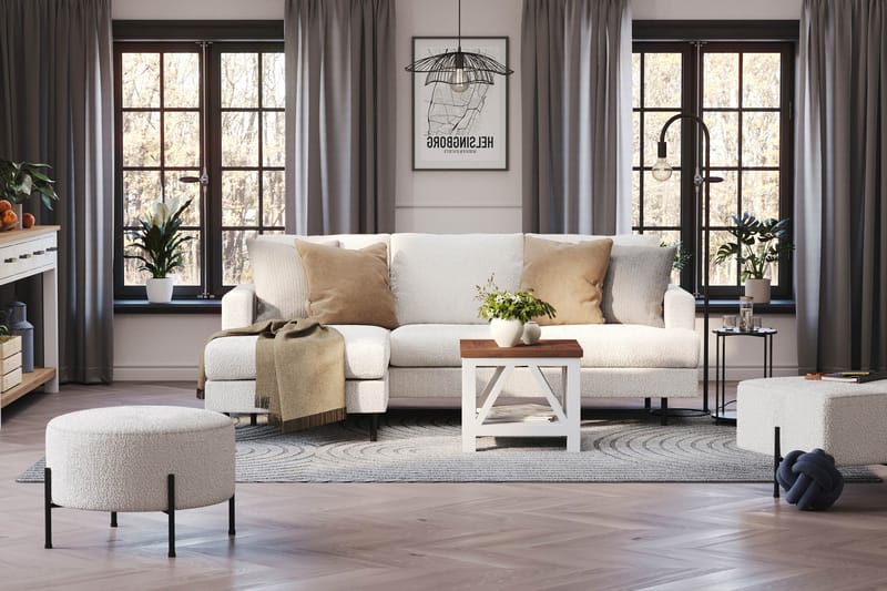 Menard Compact 3-istuttava Vasenkätinen L-muotoinen Divaanisohva Bouclé-kankaasta - Valkoinen - Huonekalut - Sohva - Divaanisohva - 3 istuttava sohva divaanilla