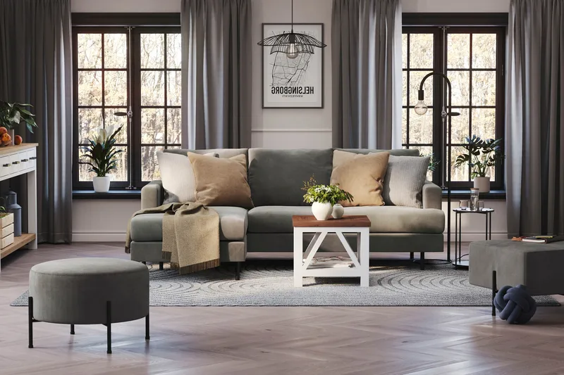 Menard Compact 3-istuttava Vasenkätinen L-muotoinen Divaanisohva Manchesterista - Harmaa - Huonekalut - Sohva - Divaanisohva - 3 istuttava sohva divaanilla