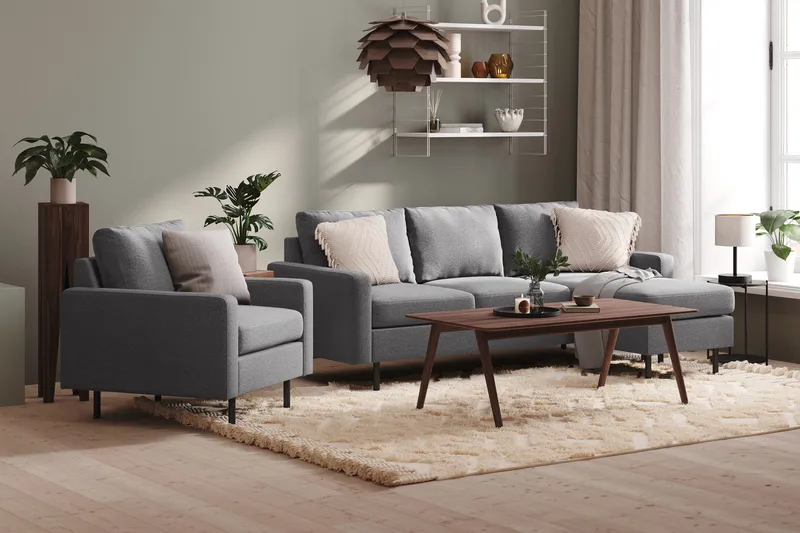 Peppe 3-istuttava Käännettävä L-muotoinen Divaanisohva Kankaasta - Vaaleanharmaa - Huonekalut - Sohva - Divaanisohva - 3 istuttava sohva divaanilla