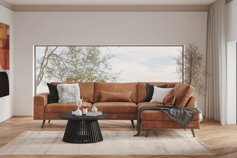 Copenhagen 4-istuttava Oikeakätinen L-muotoinen Divaanisohva Keinonahkalla - Ruskea - Huonekalut - Sohva - Divaanisohva - 4 istuttava sohva divaanilla