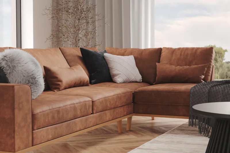 Copenhagen 4-istuttava Oikeakätinen L-muotoinen Divaanisohva Keinonahkalla - Ruskea - Huonekalut - Sohva - Divaanisohva - 4 istuttava sohva divaanilla