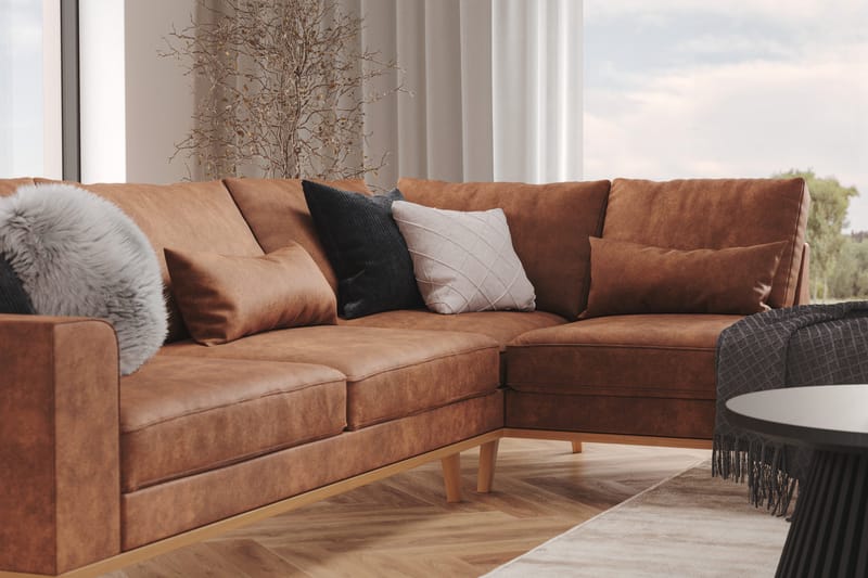 Copenhagen 4-istuttava Oikeakätinen L-muotoinen Divaanisohva Keinonahkalla - Ruskea - Huonekalut - Sohva - Divaanisohva - 4 istuttava sohva divaanilla
