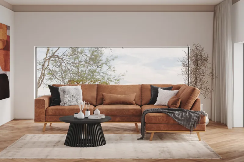 Copenhagen 4-istuttava Oikeakätinen L-muotoinen Divaanisohva Keinonahkalla - Ruskea - Huonekalut - Sohva - Divaanisohva - 4 istuttava sohva divaanilla