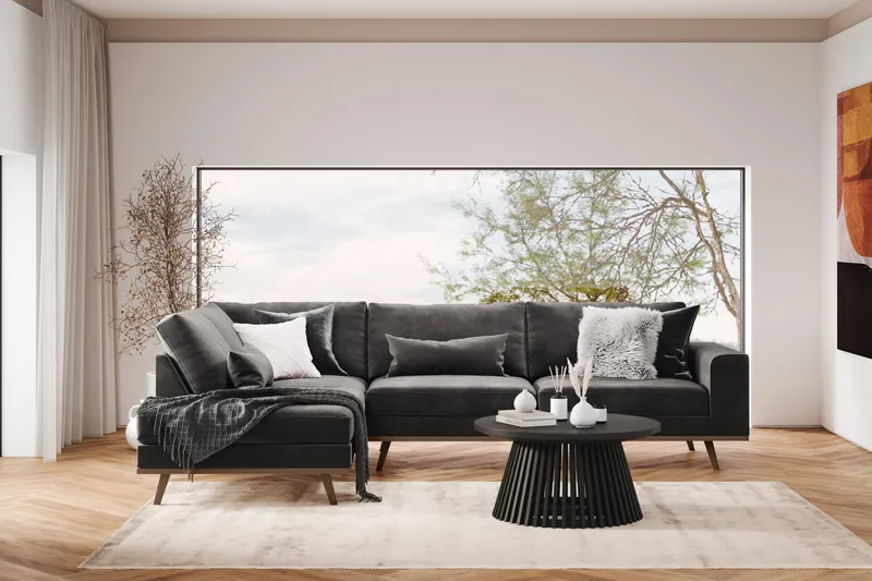 Copenhagen 4-istuttava Vasenkätinen L-muotoinen Divaanisohva Sametilla - Tummanharmaa - Huonekalut - Sohva - Divaanisohva - 4 istuttava sohva divaanilla