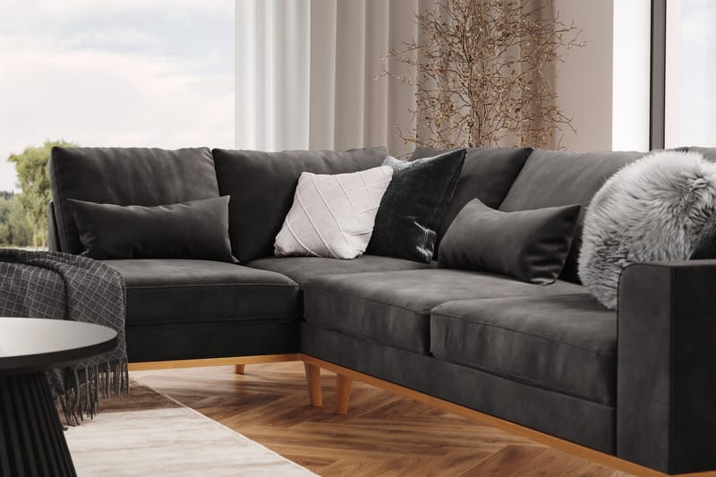 Copenhagen 4-istuttava Vasenkätinen L-muotoinen Divaanisohva Sametilla - Tummanharmaa - Huonekalut - Sohva - Divaanisohva - 4 istuttava sohva divaanilla