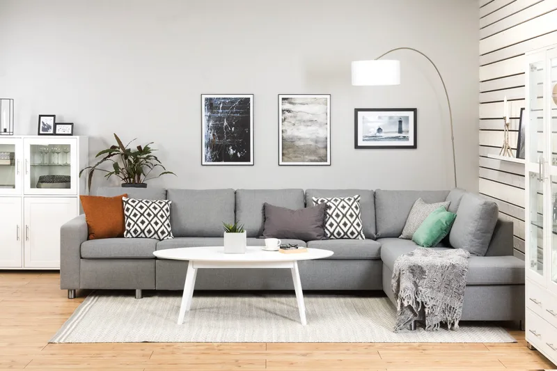 Crazy 5-istuttava Oikeakätinen L-muotoinen Divaanisohva Kankaalla - Harmaa - Huonekalut - Sohva - Divaanisohva - 4 istuttava sohva divaanilla