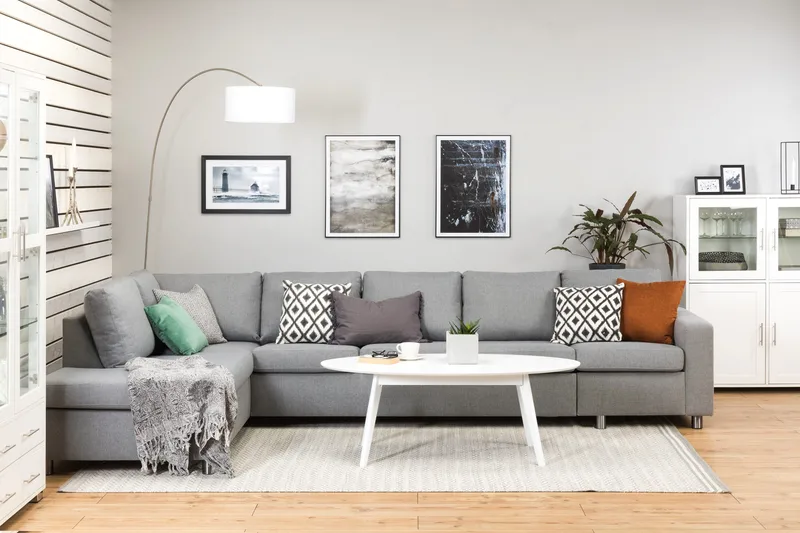 Crazy 5-istuttava Vasenkätinen L-muotoinen Divaanisohva Kankaalla - Harmaa - Huonekalut - Sohva - Divaanisohva - 4 istuttava sohva divaanilla