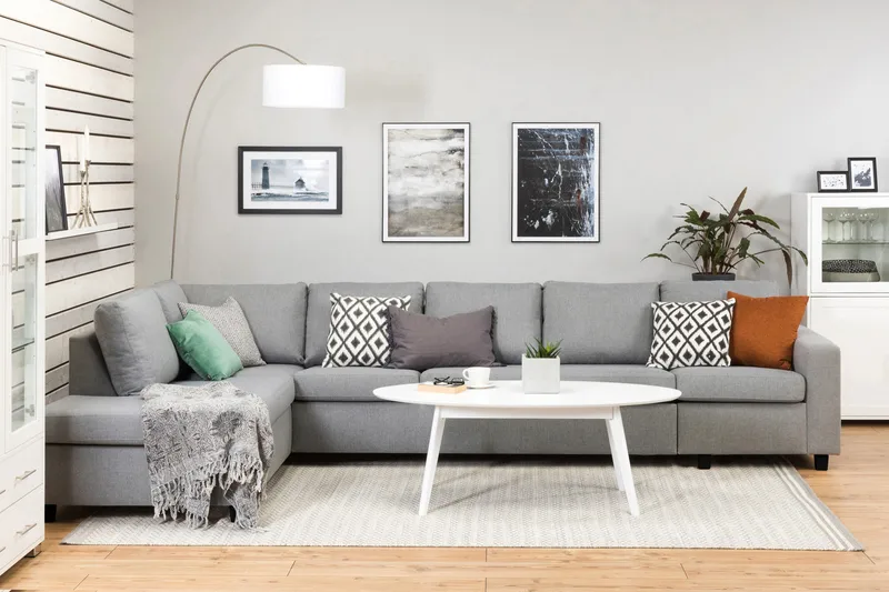 Crazy 5-istuttava Vasenkätinen L-muotoinen Divaanisohva Kankaalla - Harmaa - Huonekalut - Sohva - Divaanisohva - 4 istuttava sohva divaanilla