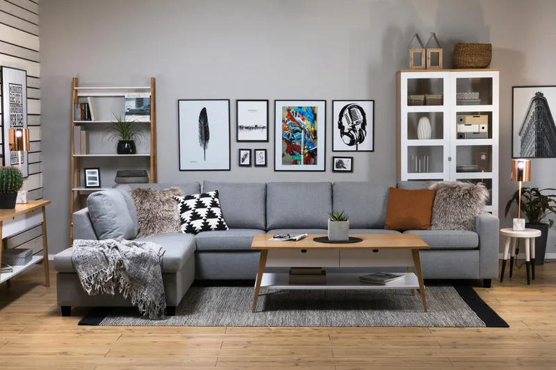 Crazy 5-istuttava Vasenkätinen L-muotoinen Divaanisohva Kankaalla - Harmaa - Huonekalut - Sohva - Divaanisohva - 4 istuttava sohva divaanilla