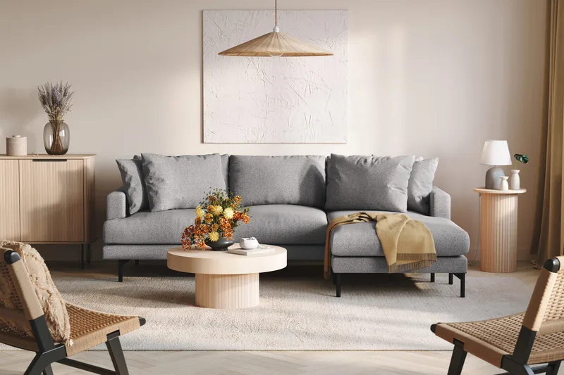 Menard 3-istuttava Oikeakätinen L-muotoinen Divaanisohva Kankaasta - Harmaa - Huonekalut - Sohva - Divaanisohva - 3 istuttava sohva divaanilla