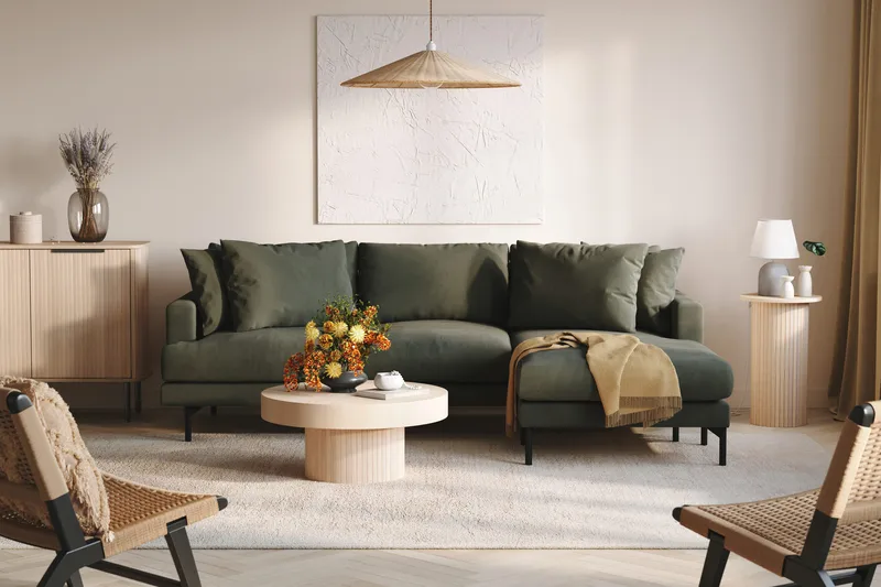 Menard 3-istuttava Oikeakätinen L-muotoinen Divaanisohva Manchesterista - Tummanvihreä - Huonekalut - Sohva - Divaanisohva - 3 istuttava sohva divaanilla