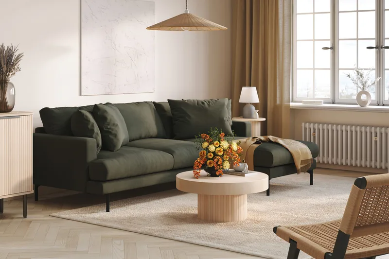 Menard 3-istuttava Oikeakätinen L-muotoinen Divaanisohva Manchesterista - Tummanvihreä - Huonekalut - Sohva - Divaanisohva - 3 istuttava sohva divaanilla