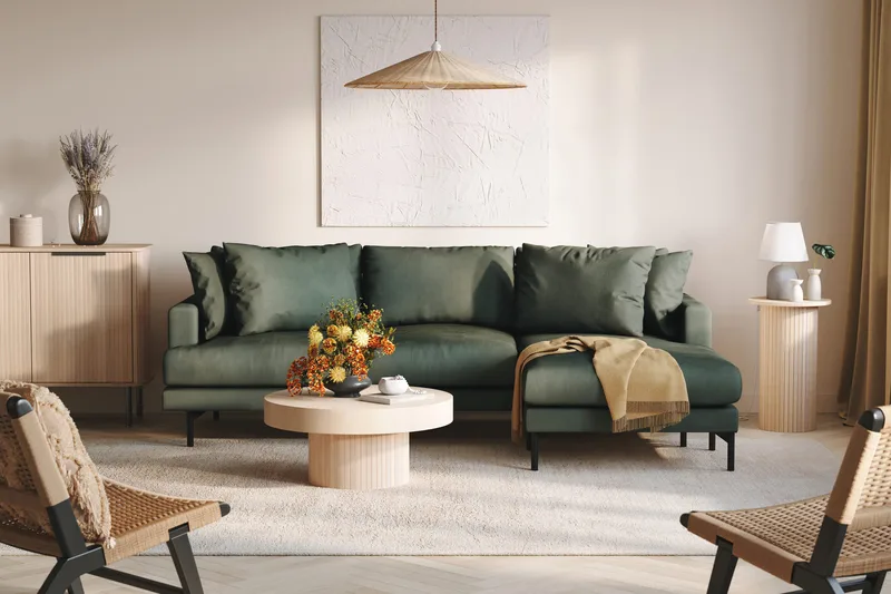 Menard 3-istuttava Oikeakätinen L-muotoinen Divaanisohva Manchesterista - Vihreä - Huonekalut - Sohva - Divaanisohva - 3 istuttava sohva divaanilla