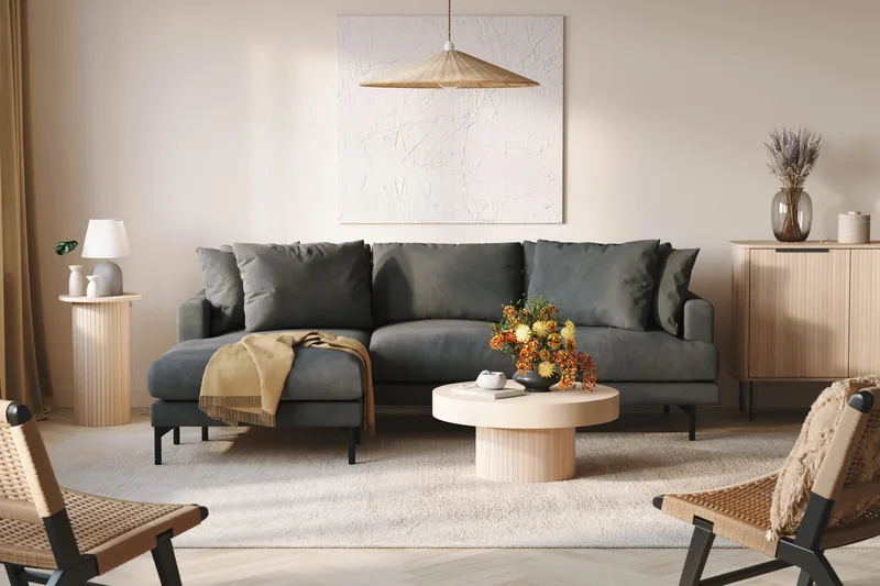 Menard 3-istuttava Vasenkätinen L-muotoinen Divaanisohva Manchesterista - Harmaa - Huonekalut - Sohva - Divaanisohva - 3 istuttava sohva divaanilla