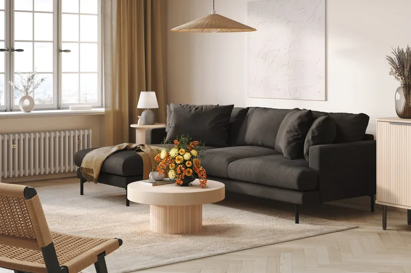 Menard 3-istuttava Vasenkätinen L-muotoinen Divaanisohva Manchesterista - Tummanharmaa - Huonekalut - Sohva - Divaanisohva - 3 istuttava sohva divaanilla