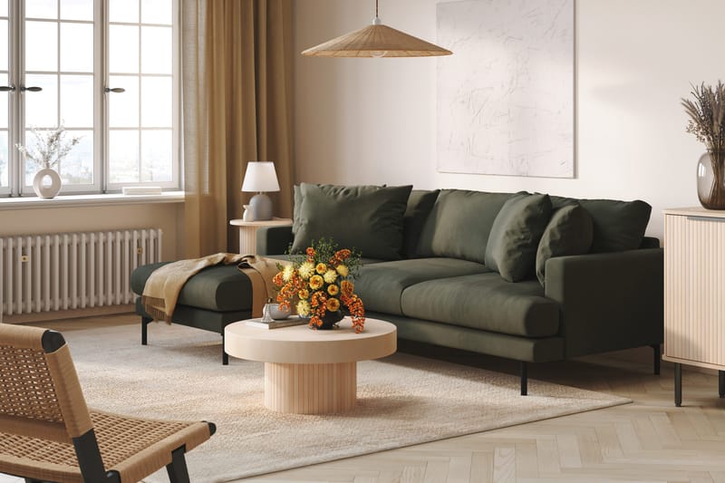 Menard 3-istuttava Vasenkätinen L-muotoinen Divaanisohva Manchesterista - Tummanvihreä - Huonekalut - Sohva - Divaanisohva - 3 istuttava sohva divaanilla