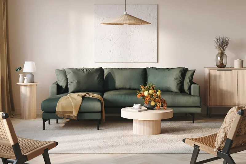 Menard 3-istuttava Vasenkätinen L-muotoinen Divaanisohva Manchesterista - Vihreä - Huonekalut - Sohva - Divaanisohva - 3 istuttava sohva divaanilla