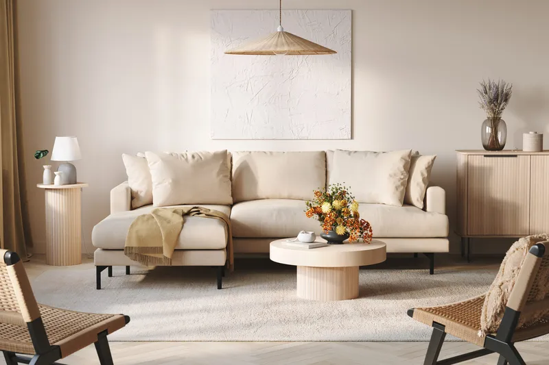 Menard 3-istuttava Vasenkätinen Syvä L-muotoinen Divaanisohva Manchesterista - Beige - Huonekalut - Sohva - Divaanisohva - 3 istuttava sohva divaanilla