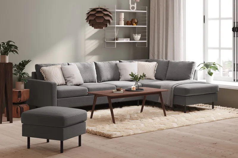 Peppe 4-istuttava Oikeakätinen L-muotoinen Divaanisohva Kankaasta - Vaaleanharmaa - Huonekalut - Sohva - Divaanisohva - 4 istuttava sohva divaanilla