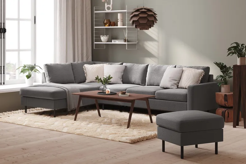 Peppe 4-istuttava Vasenkätinen L-muotoinen Leponojasohva Kankaalla - Vaaleanharmaa - Huonekalut - Sohva - Divaanisohva - 4 istuttava sohva divaanilla